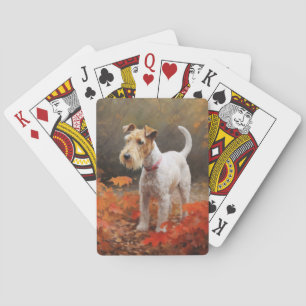 Wirefox Terrier in Autumn Leaves Fall Inspire Playing Cards