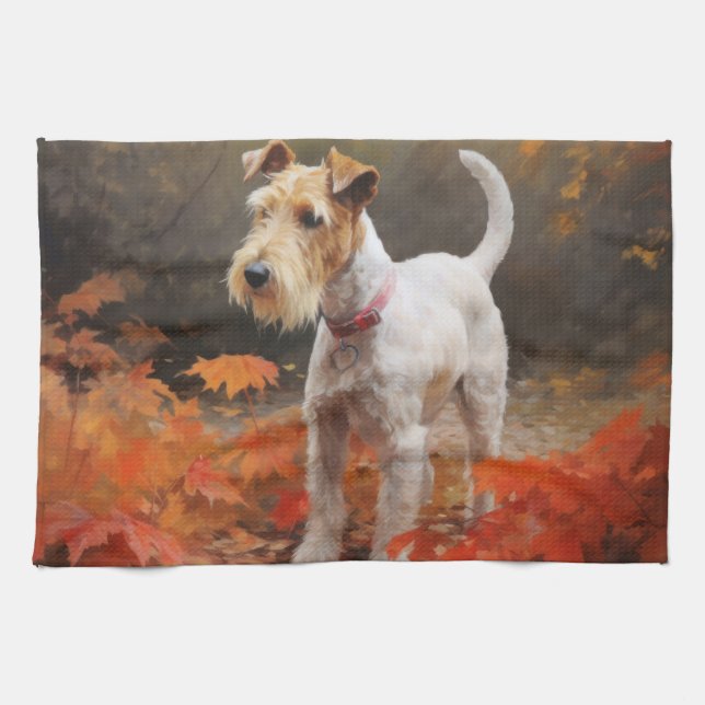 Wirefox Terrier in Autumn Leaves Fall Inspire  Tea Towel (Horizontal)