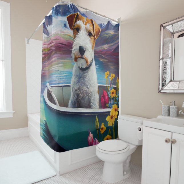 Wirefox Terrier on a Paddle: A Scenic Adventure Shower Curtain (In Situ)