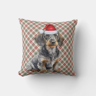 Wirehair Dachshund and Holiday Plaid Christmas Dog Cushion