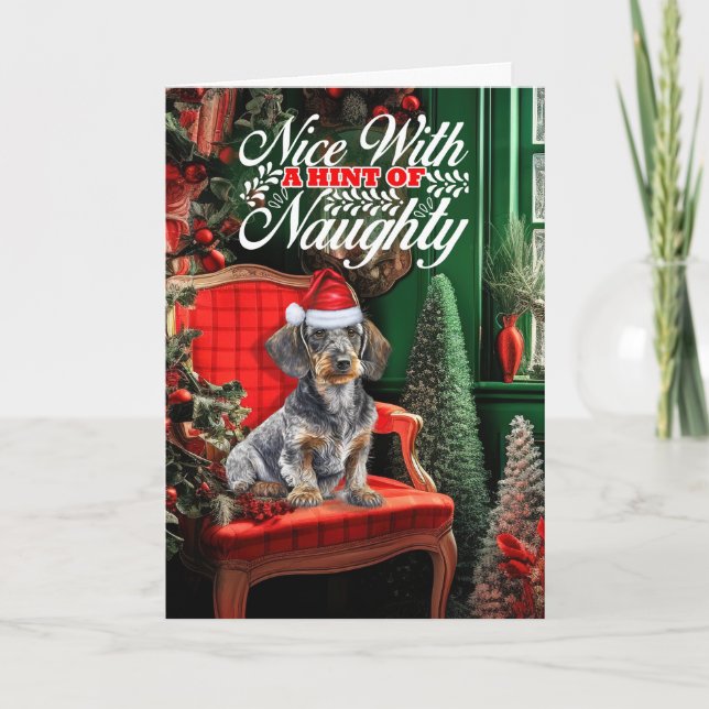 Wirehair Dachshund Christmas Dog Naughty Nice Holiday Card (Front)