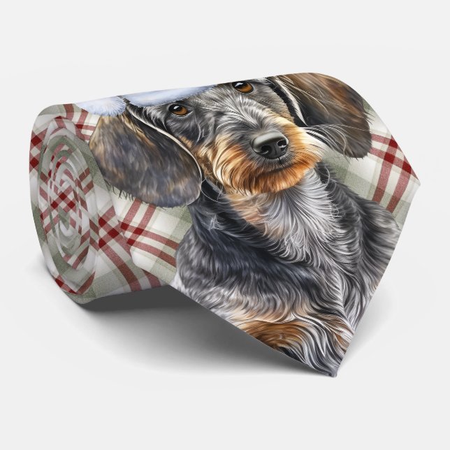 Wirehair Dachshund Dog Holiday Plaid Christmas Tie (Rolled)