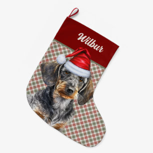 Wirehair Dachshund Dog Holiday Plaid Personalized Large Christmas Stocking