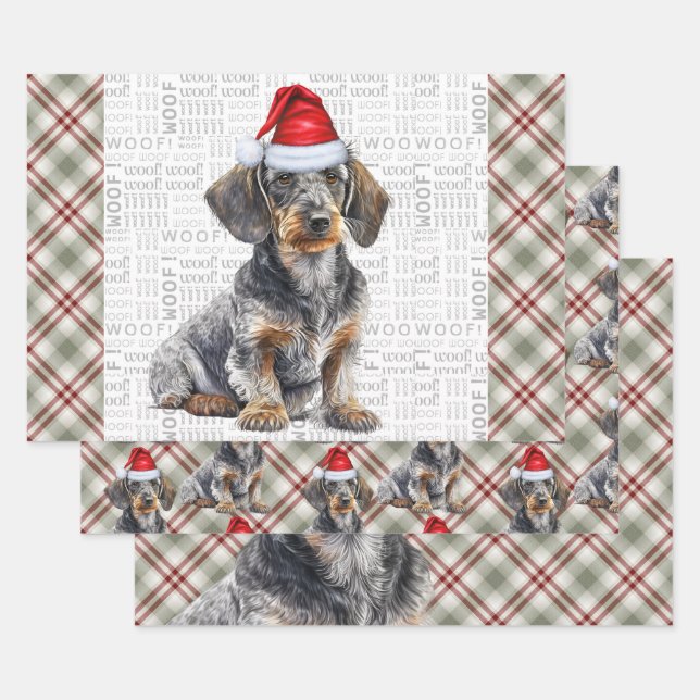 Wirehair Dachshund Dog Red Plaid Christmas Wrapping Paper Sheet (Set)