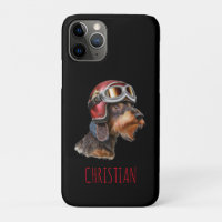 Wirehair Dachshund Dog with Biker Helmet