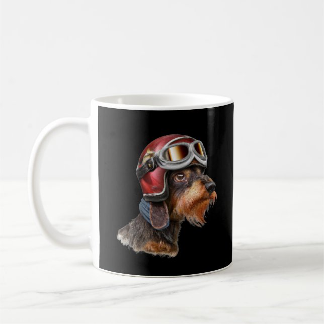 Wirehair Dachshund Dog with Biker Helmet Coffee Mug (Left)