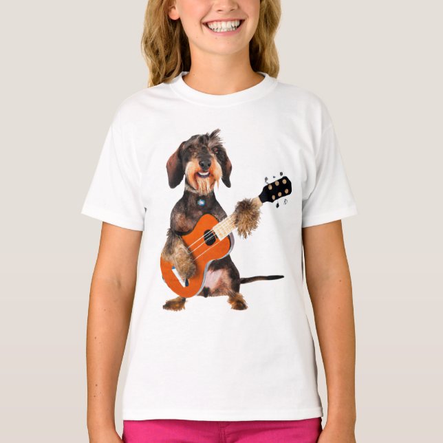 Wirehair Dachshund Playing Acoustic Guitar T-Shirt (Front)