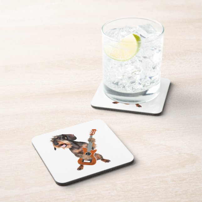 Wirehair Dachshund Playing Guitar Coaster (Right Side)