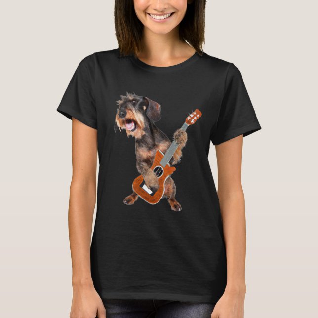 Wirehair Dachshund Playing Guitar T-Shirt (Front)