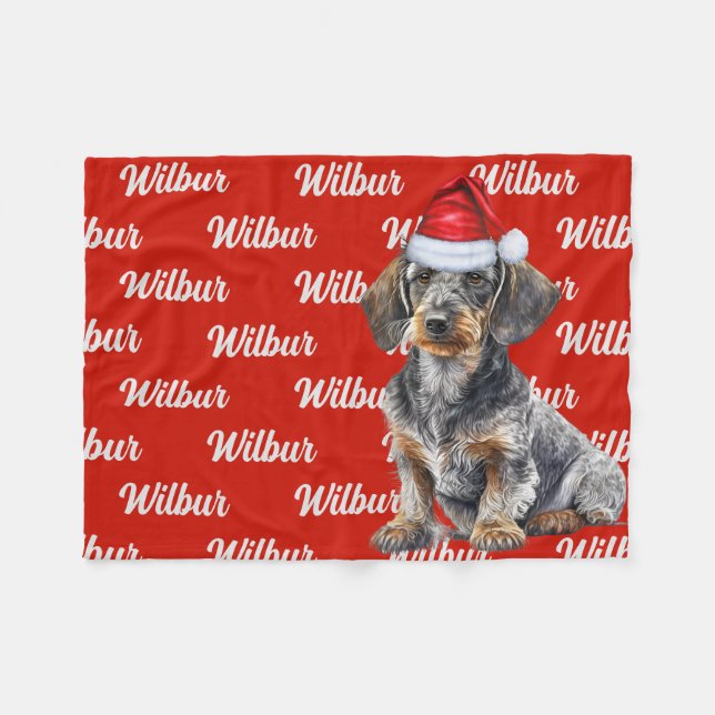 Wirehair Dachshund Santa Dog Custom Name Christmas Fleece Blanket (Front (Horizontal))