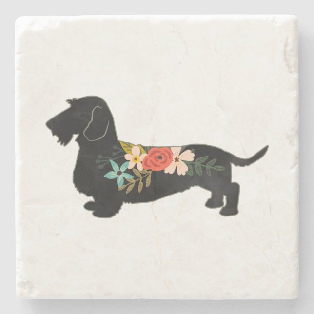 Wirehaired Dachshund Bohemian Floral Silhouette Stone Coaster (Front)
