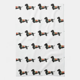 Wirehaired Dachshund Bohemian Floral Silhouette Tea Towel