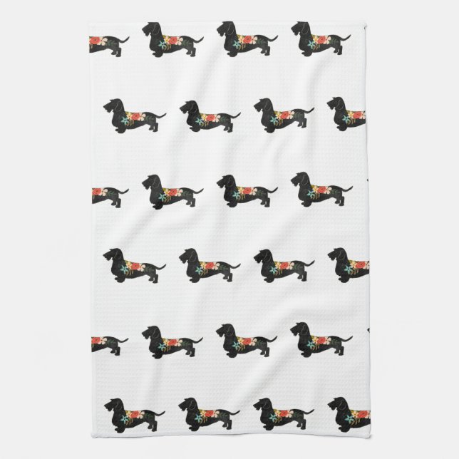 Wirehaired Dachshund Bohemian Floral Silhouette Tea Towel (Vertical)
