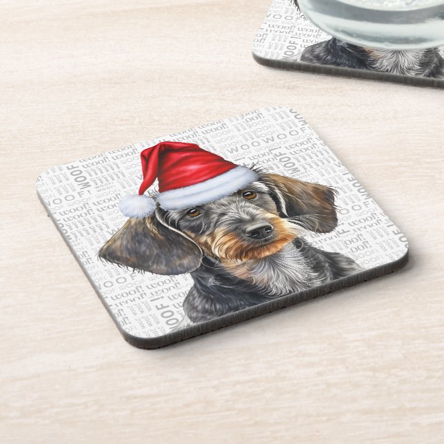 Wirehaired Dachshund Dog in a Santa Hat Holiday Coaster (Left Side)