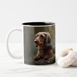 Wirehaired Dachshund in Forest Two-Tone Coffee Mug