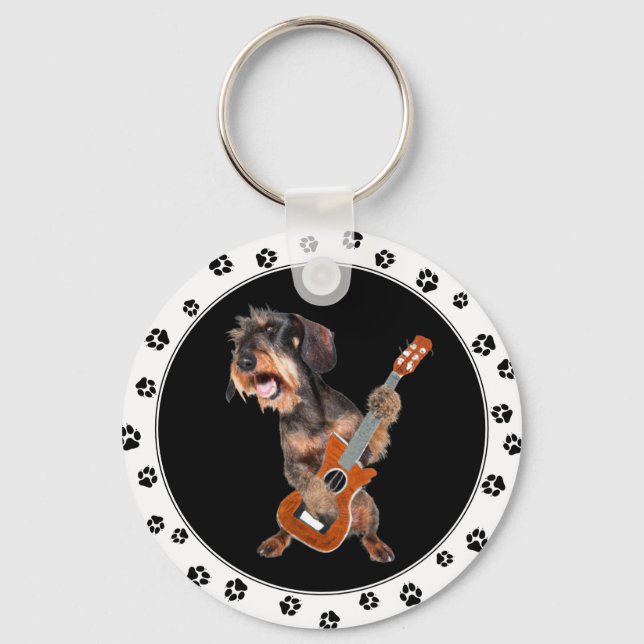Wirehaired Dachshund Playing Guitar Keychain (Front)