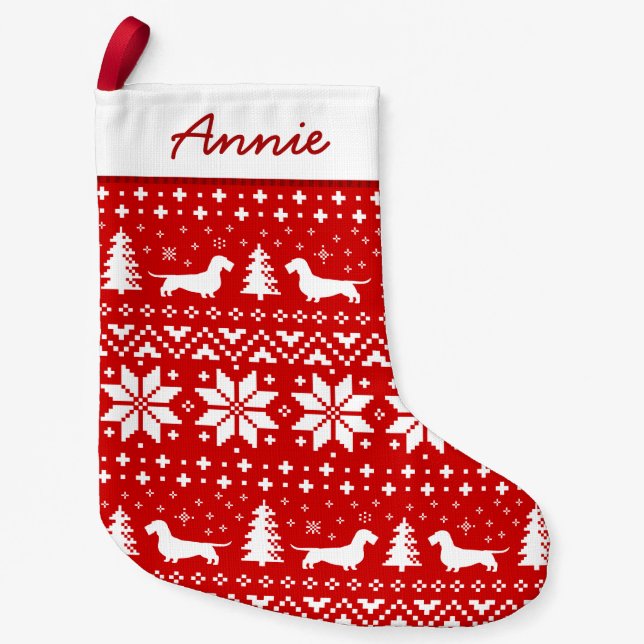 Wirehaired Dachshund Silhouettes Pattern Red Small Christmas Stocking (Front)