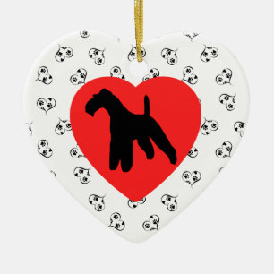 Wirehaired Fox Terrier Silhouette with Hearts Ceramic Tree Decoration