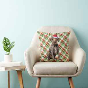 Wirehaired Pointer Dog Red Plaid Christmas Holiday Cushion