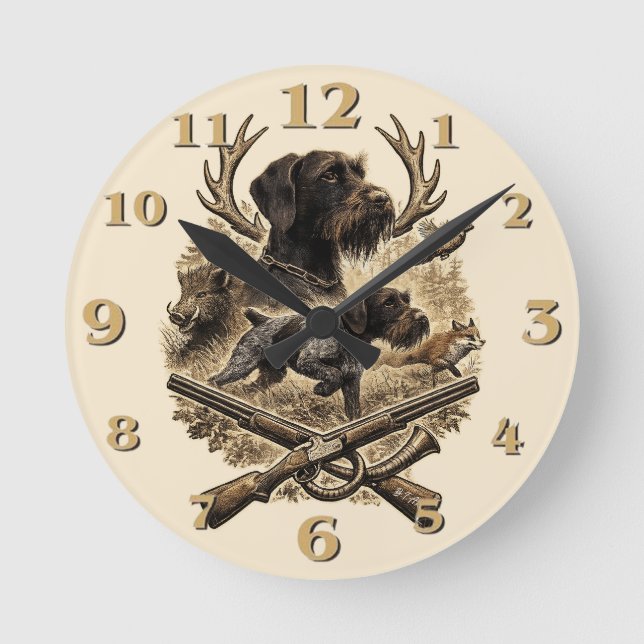 Wirehaired Pointer , Hunter Logo Round Clock (Front)