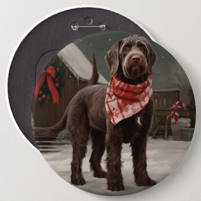 Wirehaired Pointing Dog in Snow Christmas 6 Cm Round Badge (Front & Back)
