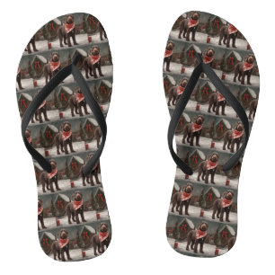 Wirehaired Pointing Dog in Snow Christmas Flip Flops