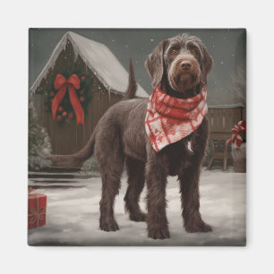 Wirehaired Pointing Dog in Snow Christmas Magnet