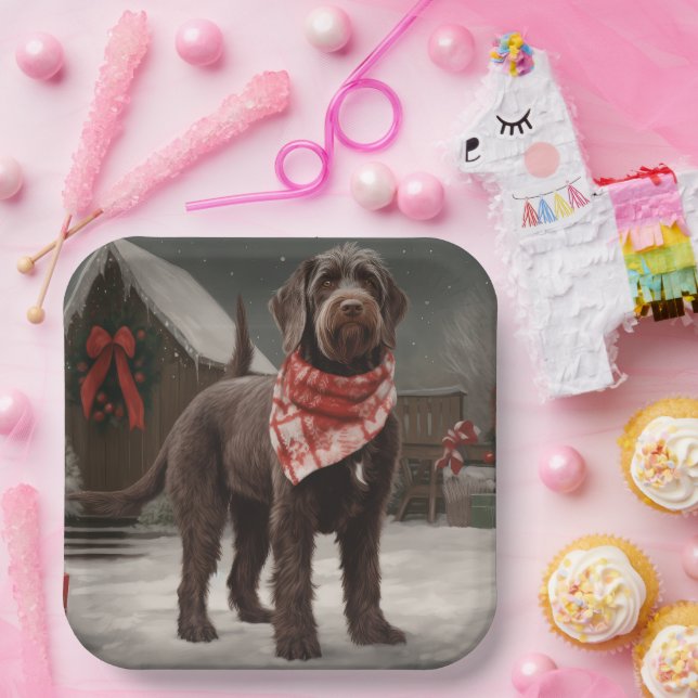 Wirehaired Pointing Dog in Snow Christmas Paper Plate (Party)