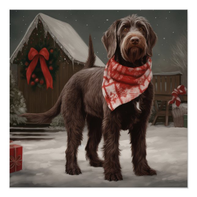 Wirehaired Pointing Dog in Snow Christmas Poster (Front)