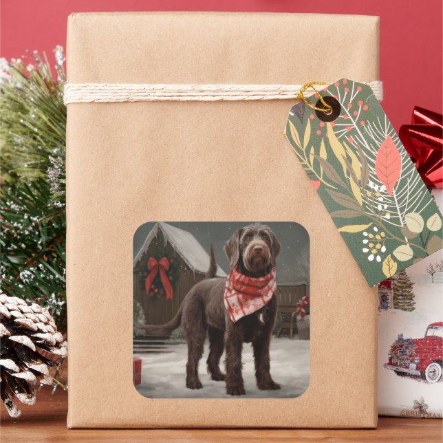Wirehaired Pointing Dog in Snow Christmas Square Sticker (Holiday)