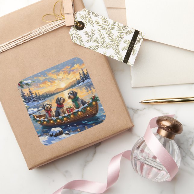 Wirehaired Pointing Griffon Christmas Boat Holiday Square Sticker (Gifting)