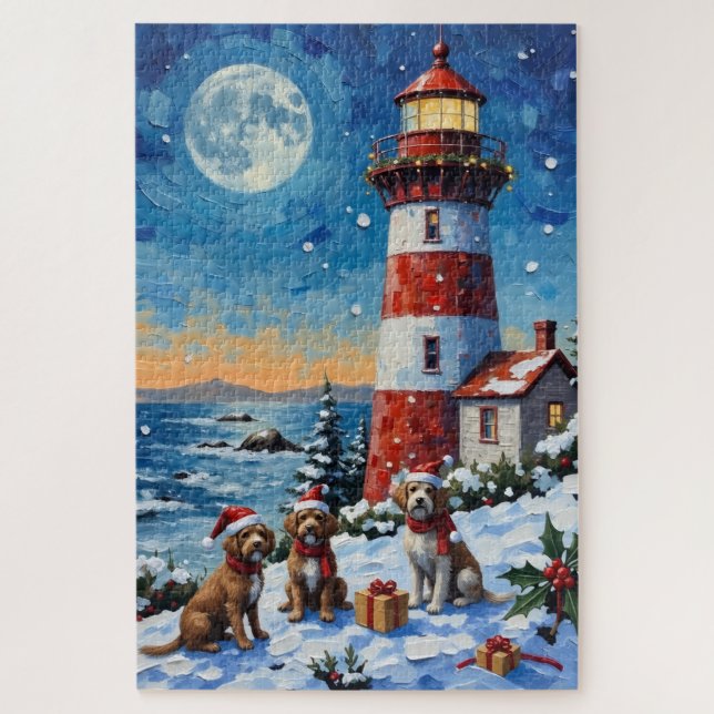 Wirehaired Pointing Griffon Christmas Lighthouse Jigsaw Puzzle (Vertical)