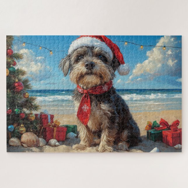 Wirehaired Pointing Griffon Dog Christmas Beach Jigsaw Puzzle (Horizontal)