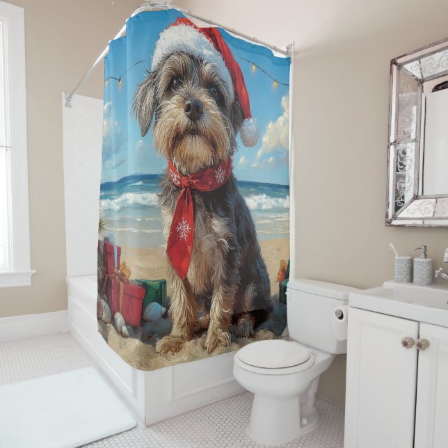 Wirehaired Pointing Griffon Dog Christmas Beach Shower Curtain (In Situ)