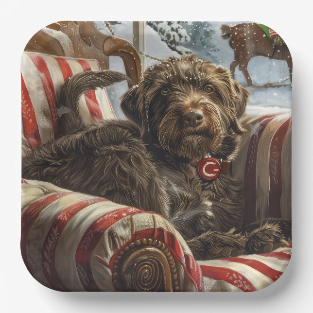 Wirehaired Pointing Griffon Dog Christmas Festive Paper Plate (Front)