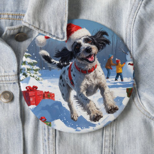 Wirehaired Pointing Griffon in Snow Christmas Hat 6 Cm Round Badge