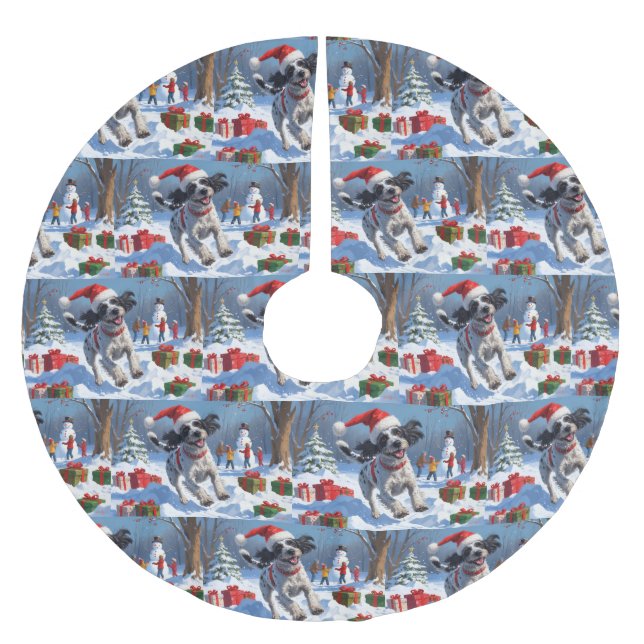 Wirehaired Pointing Griffon in Snow Christmas Hat Brushed Polyester Tree Skirt (Front)