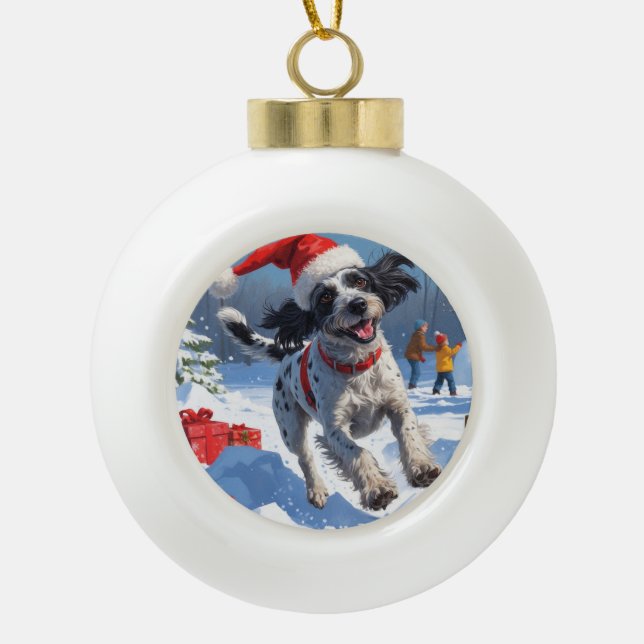 Wirehaired Pointing Griffon in Snow Christmas Hat Ceramic Ball Christmas Ornament (Front)