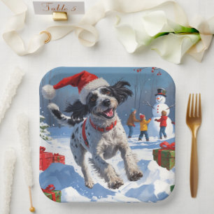 Wirehaired Pointing Griffon in Snow Christmas Hat Paper Plate