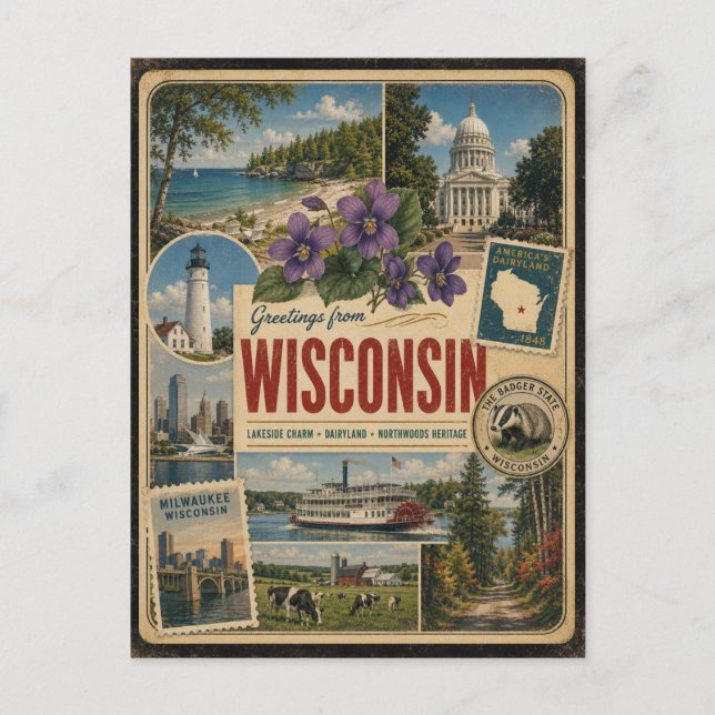 Wisconsin Authentic Vintage Style Postcard (Front)
