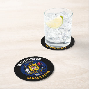 WISCONSIN BADGER STATE FLAG ROUND PAPER COASTER