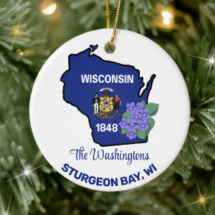 Wisconsin Flag & Flower Blue Violet Custom Name Ceramic Tree Decoration