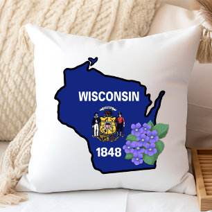 Wisconsin Flag & Flower Blue Violet Custom Name Cushion