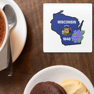 Wisconsin Flag & Flower Blue Violet Custom Name Glass Coaster