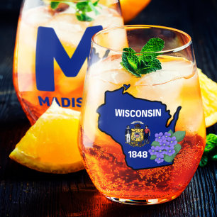 Wisconsin Flag & Flower Blue Violet Custom Name Stemless Wine Glass