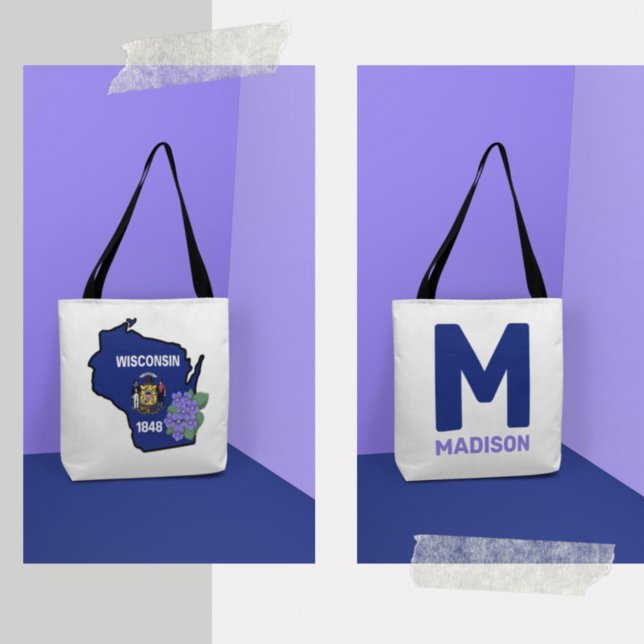 Wisconsin Flag & Flower Blue Violet Custom Name Tote Bag (Creator Uploaded)