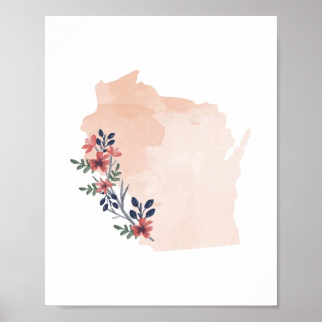 Wisconsin Floral Watercolor State Poster (Front)