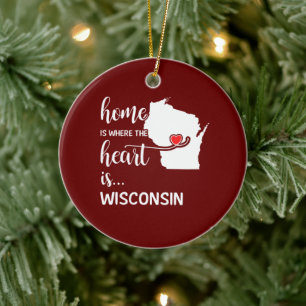 Wisconsin home is where the heart is ceramic tree decoration