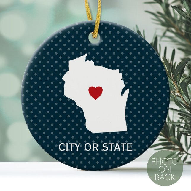 Wisconsin Map Home State Love Custom City Blue Ceramic Tree Decoration (Personalized Photo Ornament)
