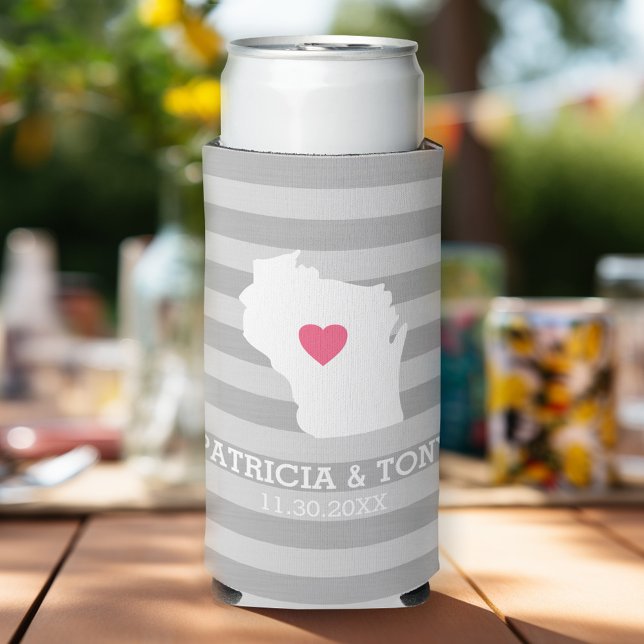 Wisconsin Map Home State Love with Optional Heart Seltzer Can Cooler (Personalized can cooler for a wedding or anniversary - Wisconsin)